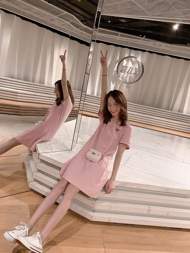 ロングワンピース ポロシャツ 蜂刺繍入り襟付きロングポロシャツワンピース