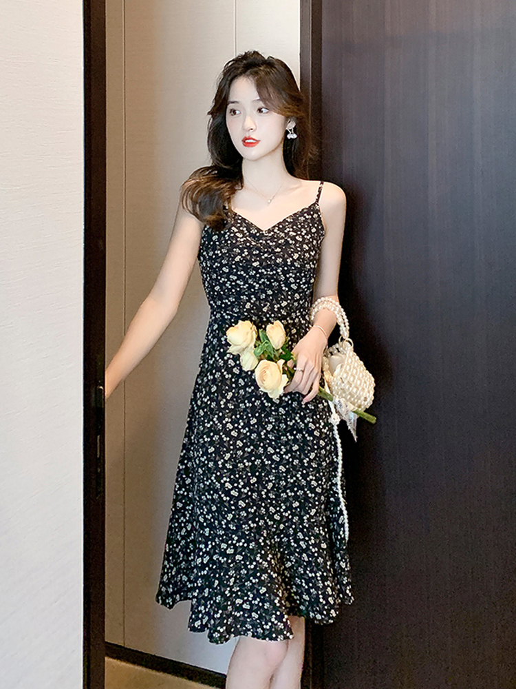 ロングワンピース キャミ 小花柄裾フリル細紐キャミソールロングワンピース