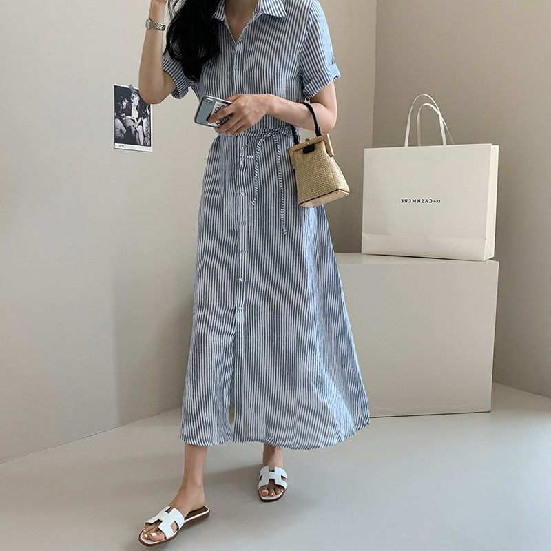 ロングワンピース シャツ 縦縞柄半袖シャツワンピース