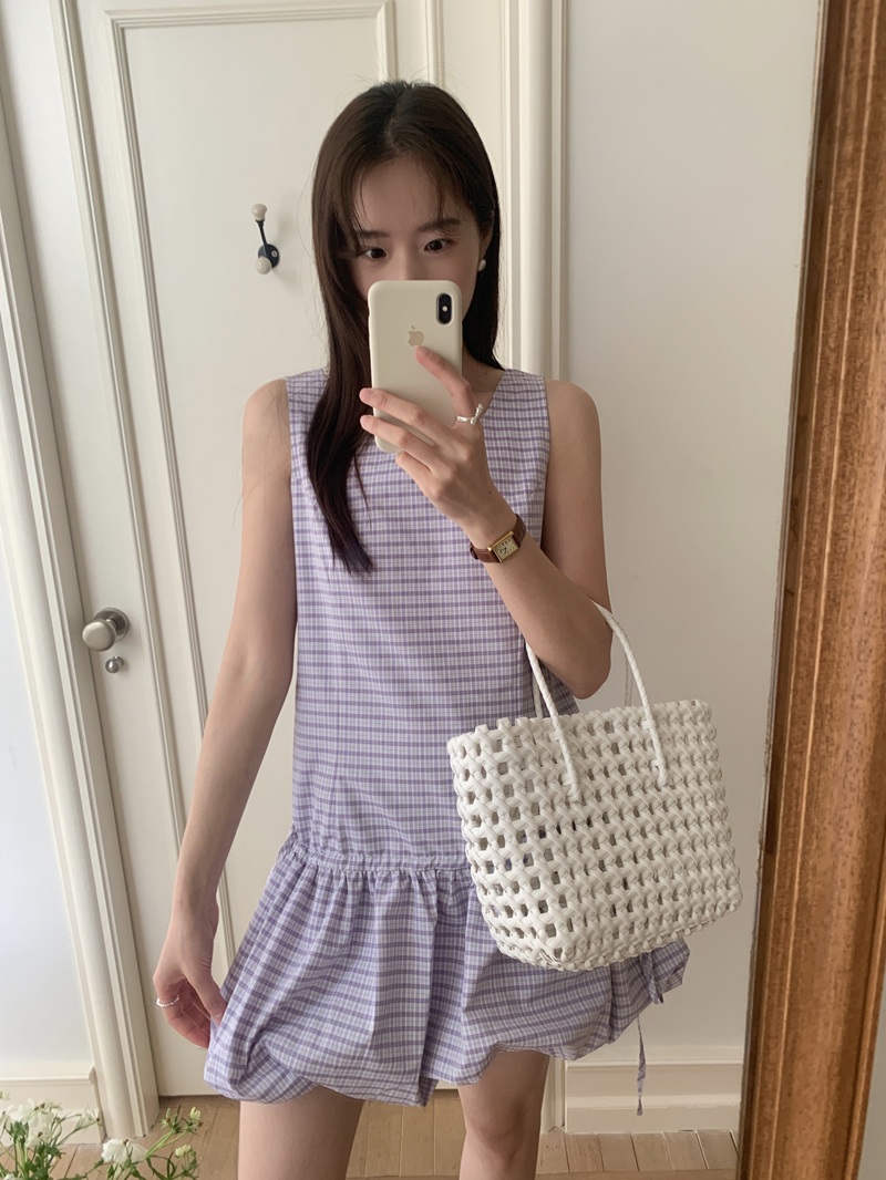 ロングワンピース 今季新作 韓国風格子柄ノースリーブミニワンピース