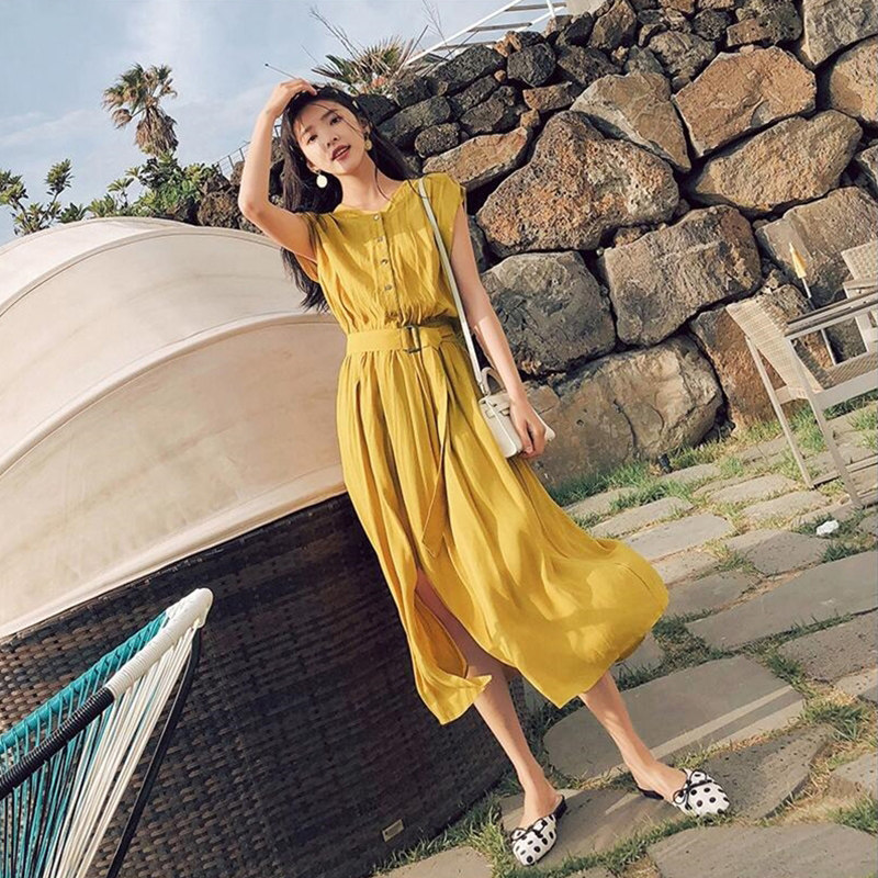 ロングワンピース シャツ ベルト付きフレンチスリーブシャツワンピース