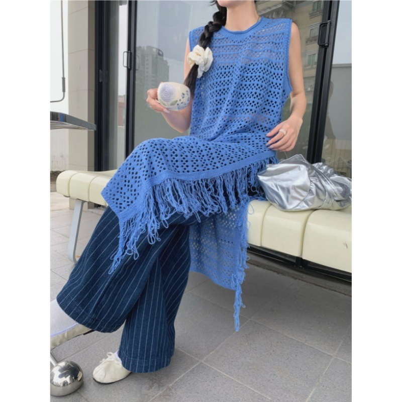 ロングワンピース かぎ編みニット透かし編みノースリーブワンピース