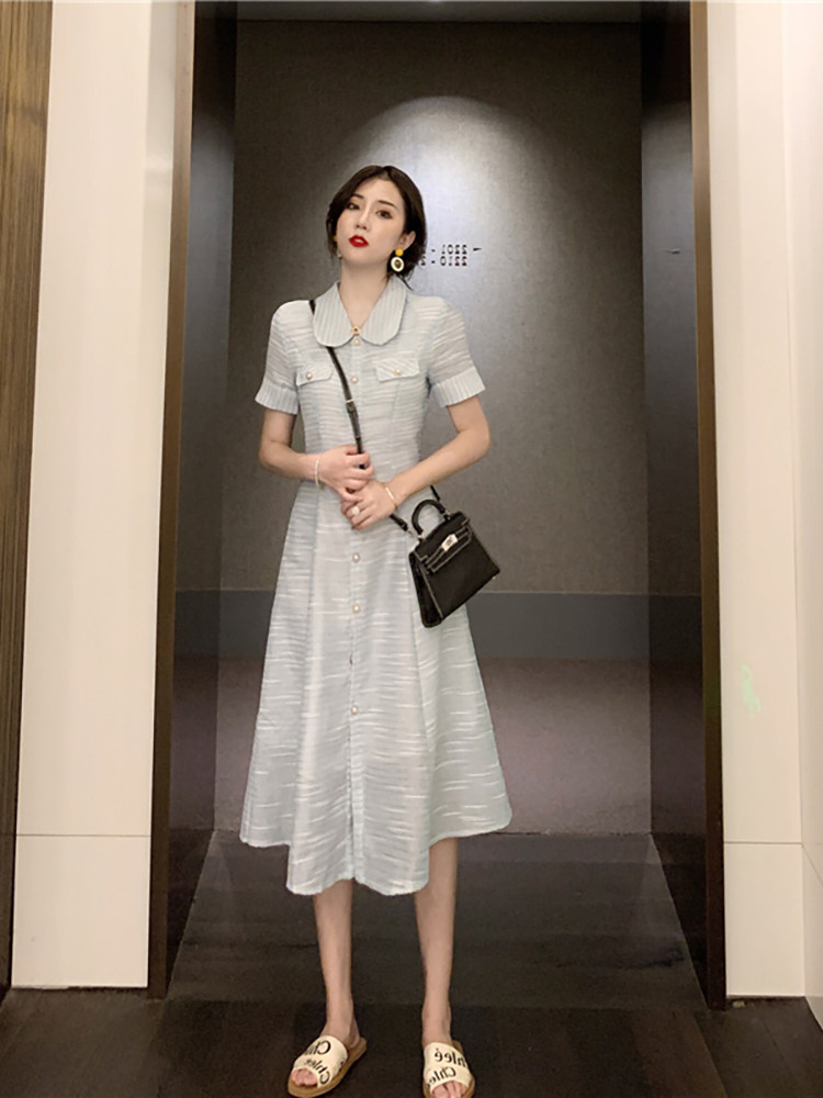 ロングワンピース ポロシャツ 丸襟半袖ボタン留めロングワンピース