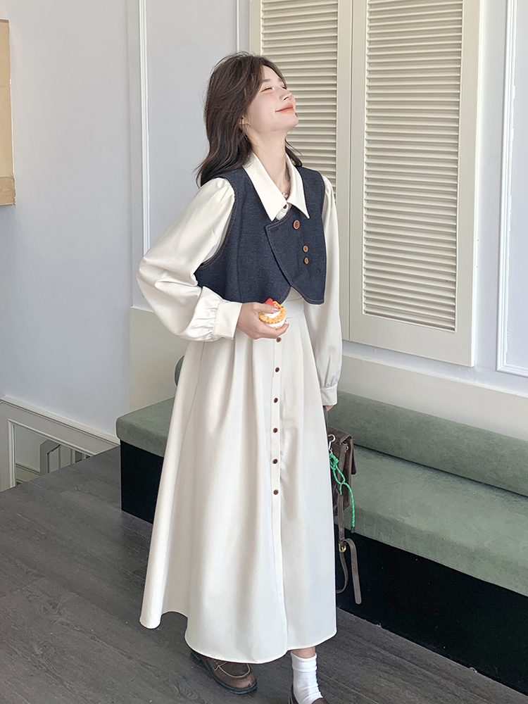 ロングワンピース シャツ 襟付きベスト重ね着風ロングシャツワンピース