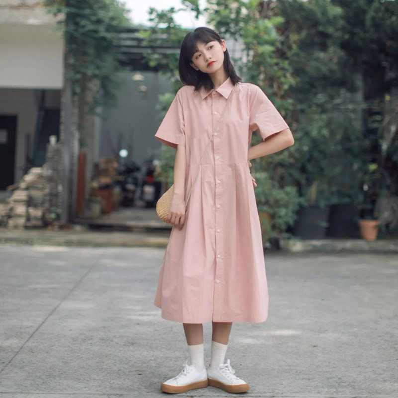 ロングワンピース シャツ 半袖襟付きボタン前開きふんわりロングワンピース