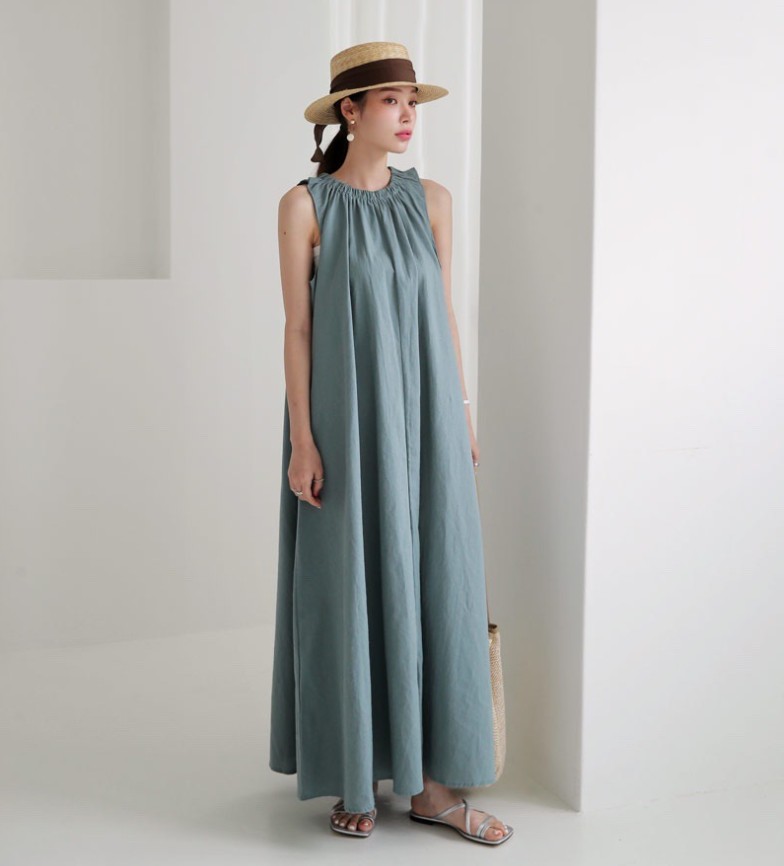 ロングワンピース 夏新作 ノースリーブ ワンピース 体型カバー ロング丈 着回し レディース