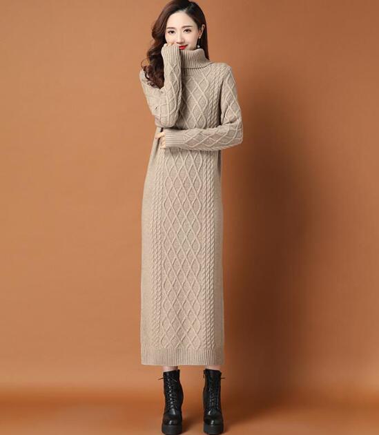 ロングワンピース 冬新作 タートルネック ケーブル編み マキシ丈 ニットワンピース