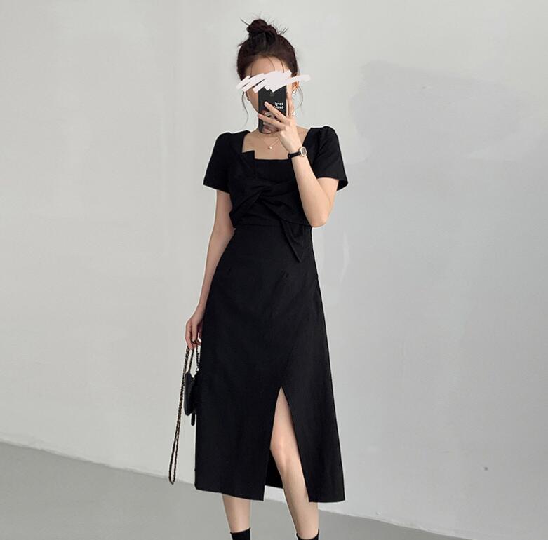 ロングワンピース 韓国風マキシワンピース レディース スリット入り黒ロング丈