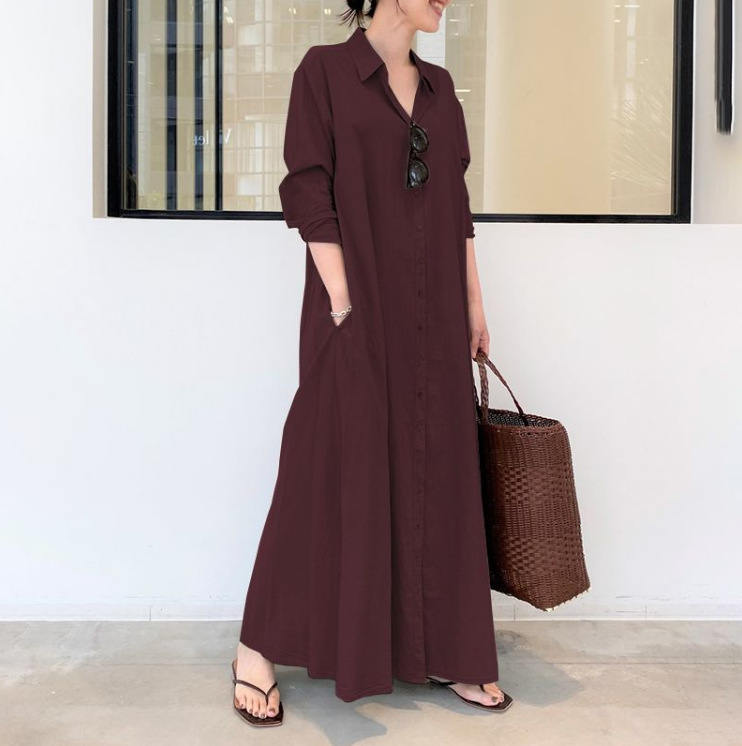 ロングワンピース シャツ 襟付きボタンアップロングシャツワンピース