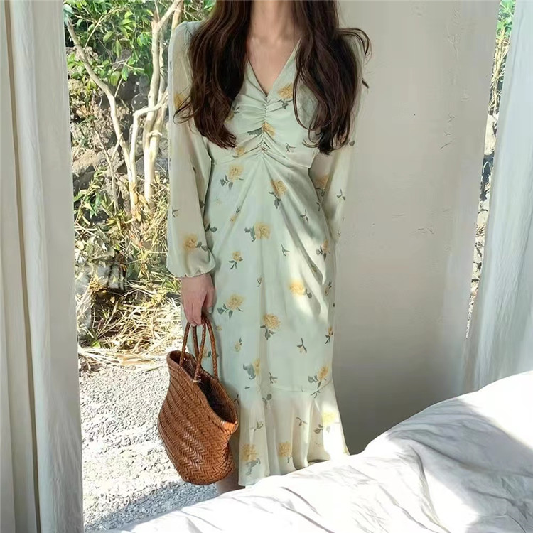 ロングワンピース 花柄マキシワンピース パフスリーブ ブイネック スリム