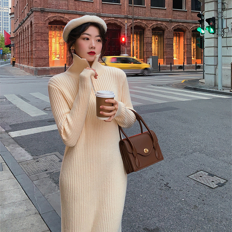 ロングワンピース タートルネック リブ編みタートルネックロングニットワンピース