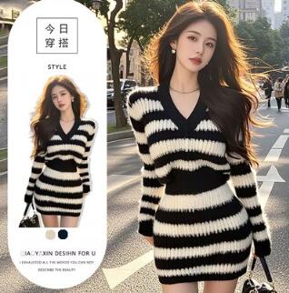 ロングワンピース 2026新品 女性用ボーダー編みミニワンピース