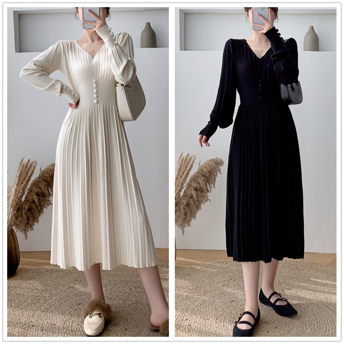 ロングワンピース プリーツニットワンピース ロング丈 秋冬 レディース