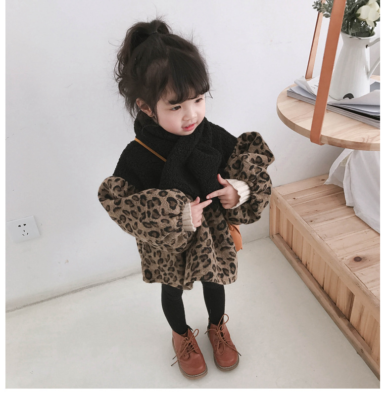 ロングワンピース キッズ女の子ヒョウ柄長袖ワンピース韓国風可愛い秋冬服