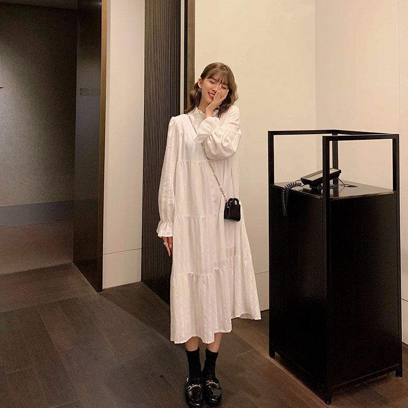 ロングワンピース シャツ ティアードフリル襟リボン袖シャツワンピース