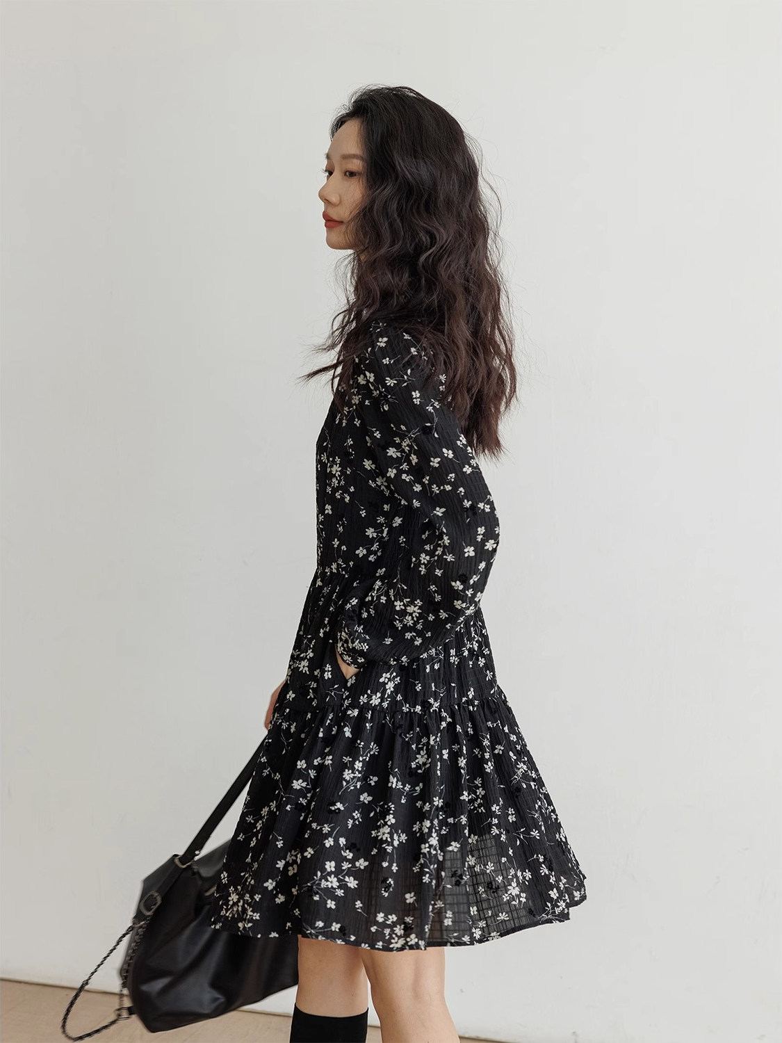 ロングワンピース シャツ 小花柄フロントボタン長袖ワンピース