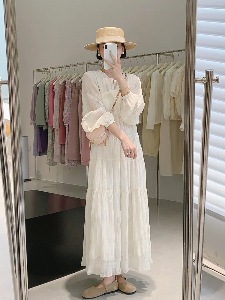 ロングワンピース レース ティアードフリル袖ふんわりロングワンピース