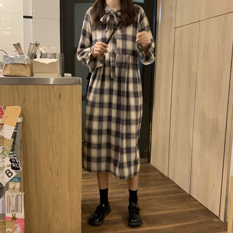ロングワンピース 蝶結び付きチェック柄シャツワンピース レトロ風