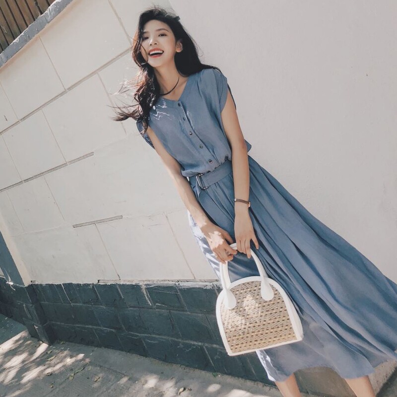 ロングワンピース シャツ ベルト付きフレンチスリーブシャツワンピース