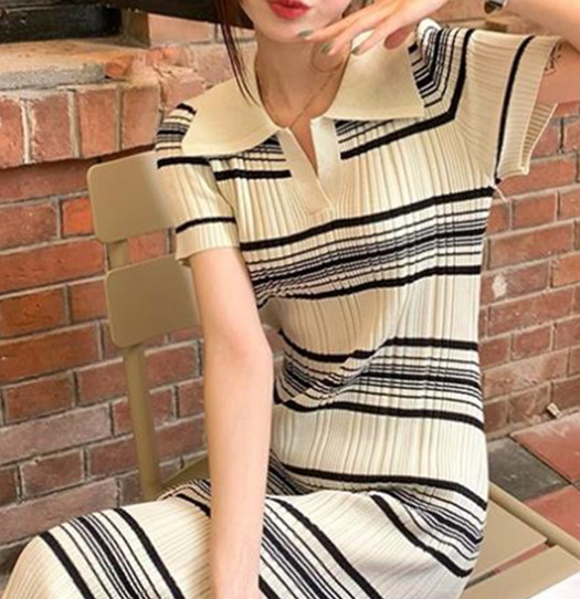 ロングワンピース 縦縞ポロシャツワンピース レディース半袖