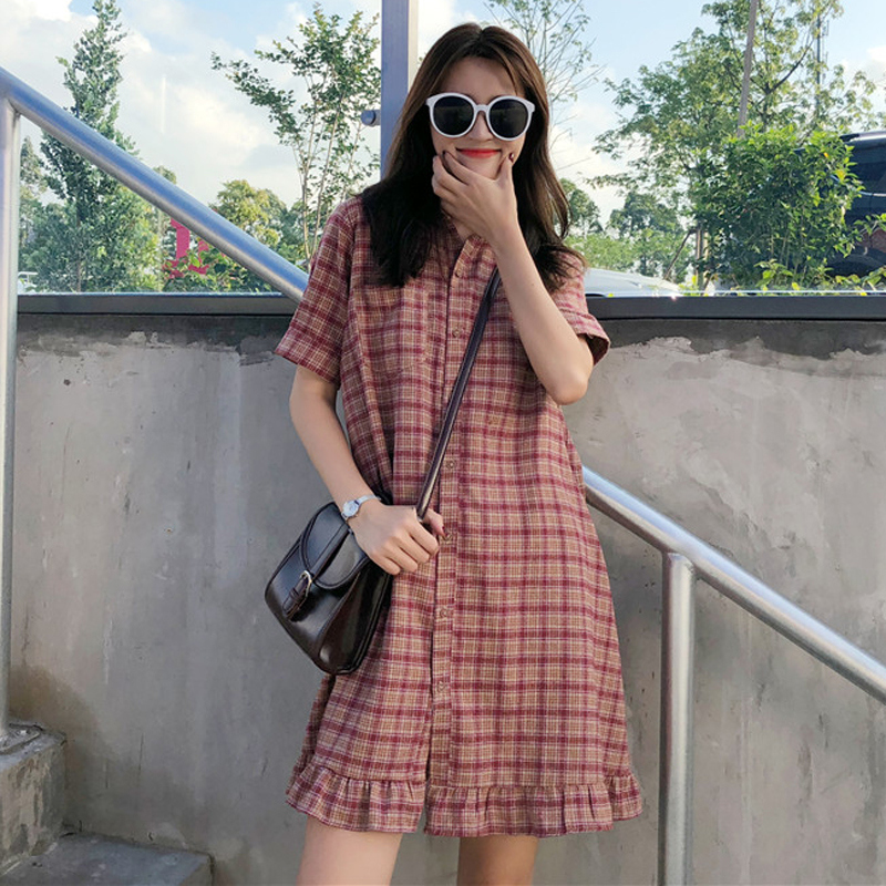 ロングワンピース シャツ チェック柄裾フリル半袖襟付きロングワンピース