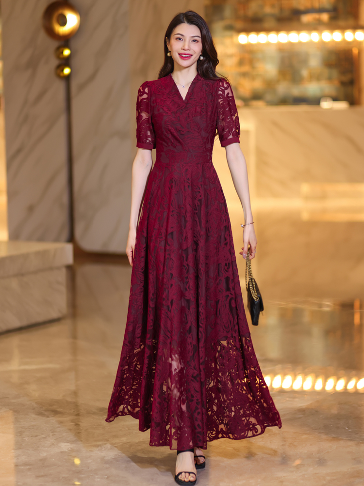 ロングワンピース レース 優美花柄透かしレースロングワンピース
