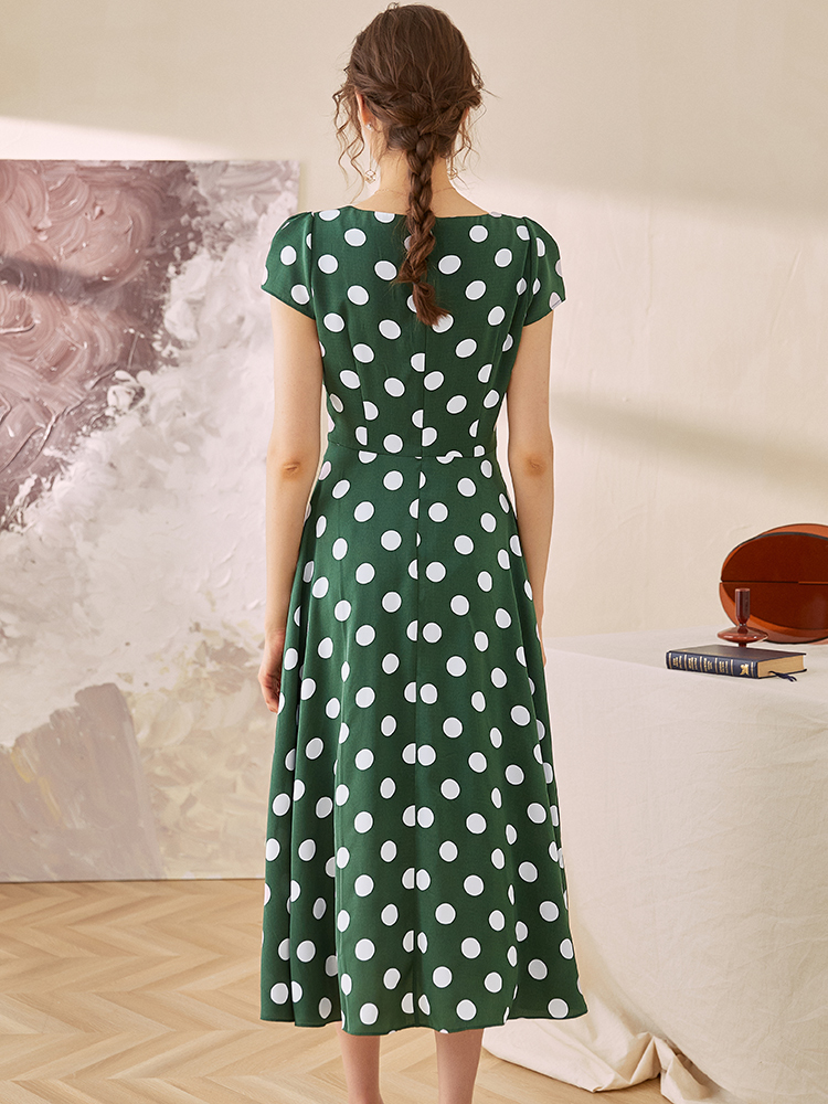 ロングワンピース シャツ 水玉模様巻き風半袖ロングワンピース