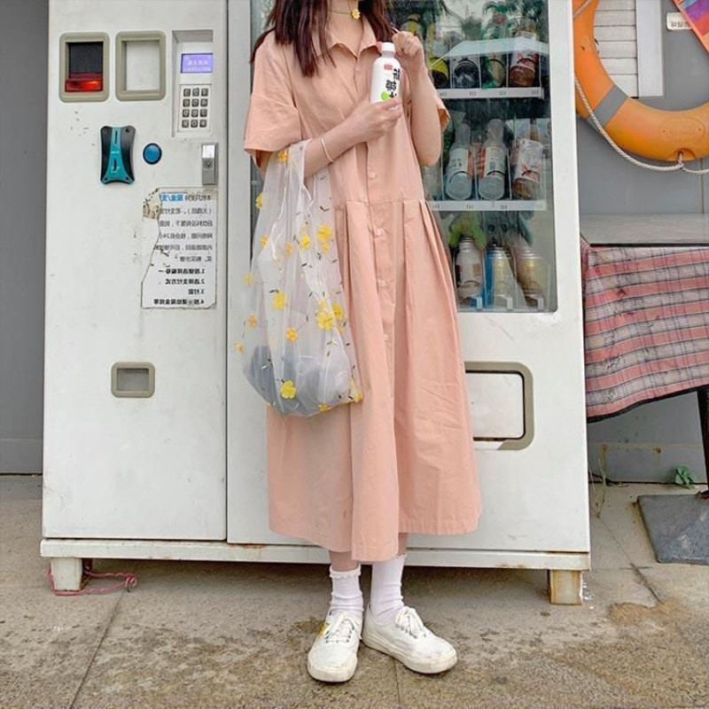 ロングワンピース シャツ 半袖襟付きボタン前開きふんわりロングワンピース