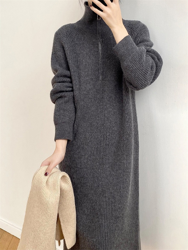 ロングワンピース ジップネックニットワンピース