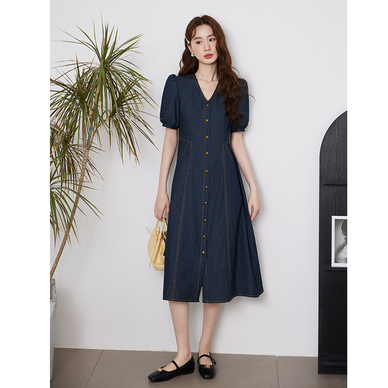 ロングワンピース デニム パフスリーブ前開きデニムワンピース