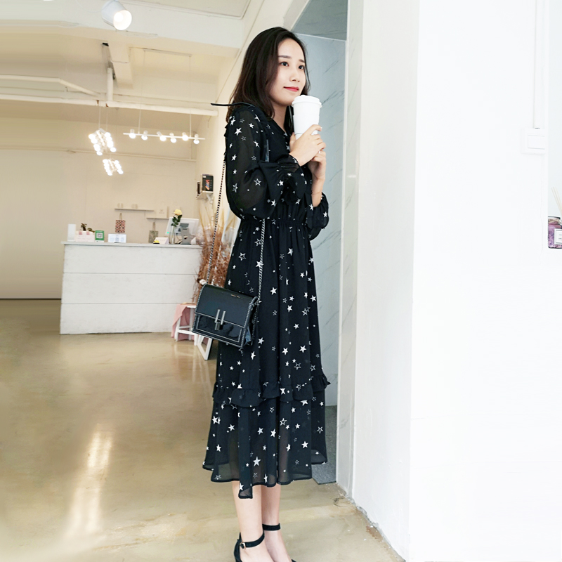 ロングワンピース シャツ 星柄シフォン長袖シャツワンピース