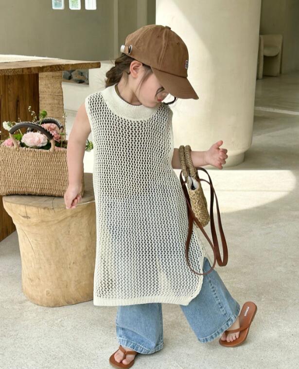 ロングワンピース キッズ編み模様ロングベスト女の子用90-140センチ