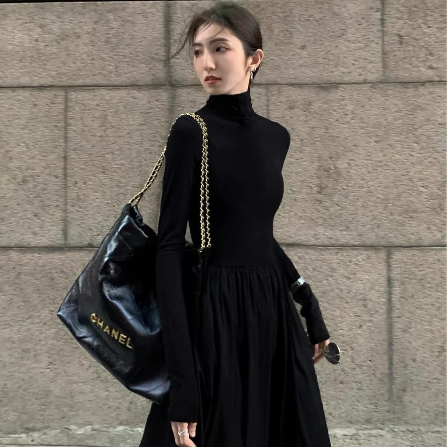ロングワンピース ハイネックニットロング切替プリンセスワンピース