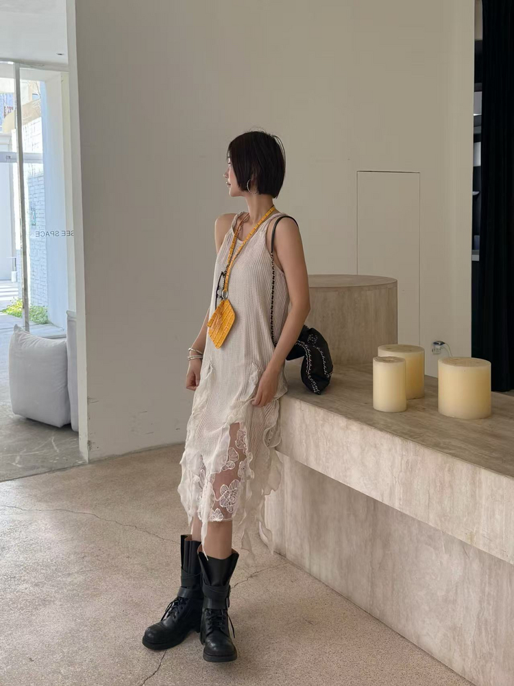 ロングワンピース レース 透かし編みフローラルレースワンピース