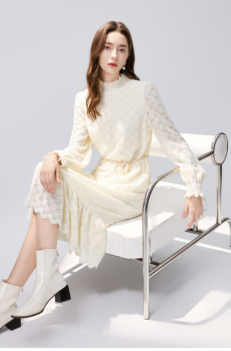 ロングワンピース レース 花レース フリル襟 ロングワンピース
