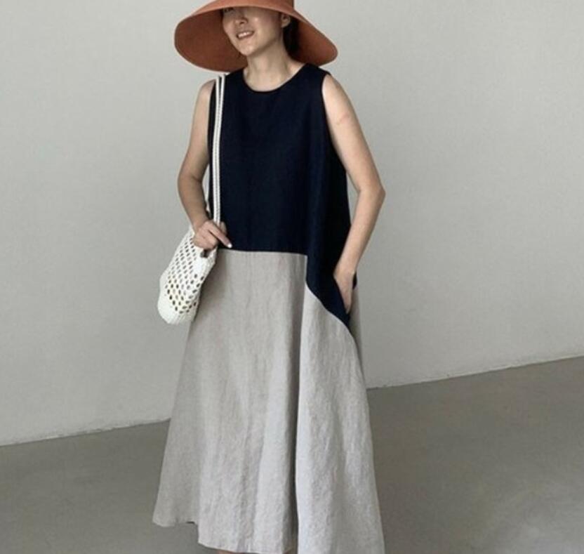 ロングワンピース 麻綿混合日系ノースリーブワンピース女性向け