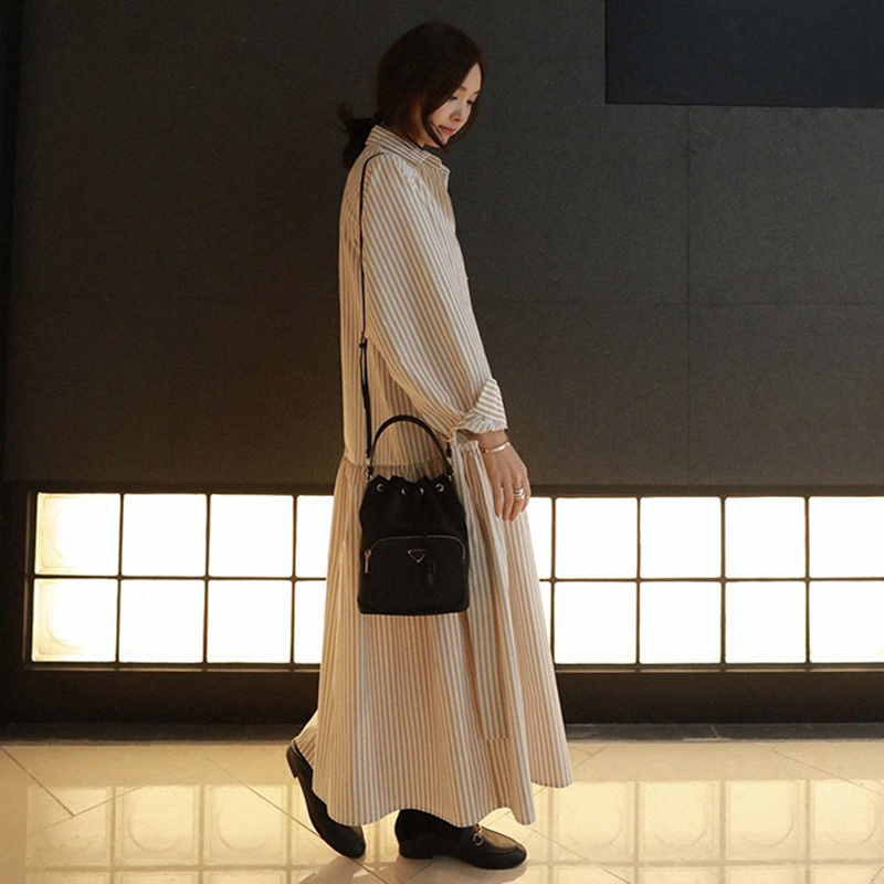 ロングワンピース シャツ 縦縞柄ベルト付きシャツワンピース
