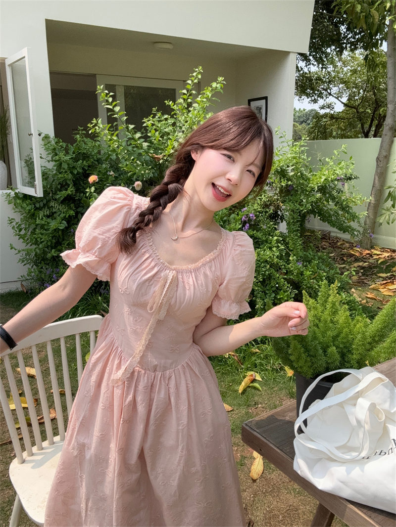 今季新作 韓国風 フリル袖 刺繍リボン ロングワンピース