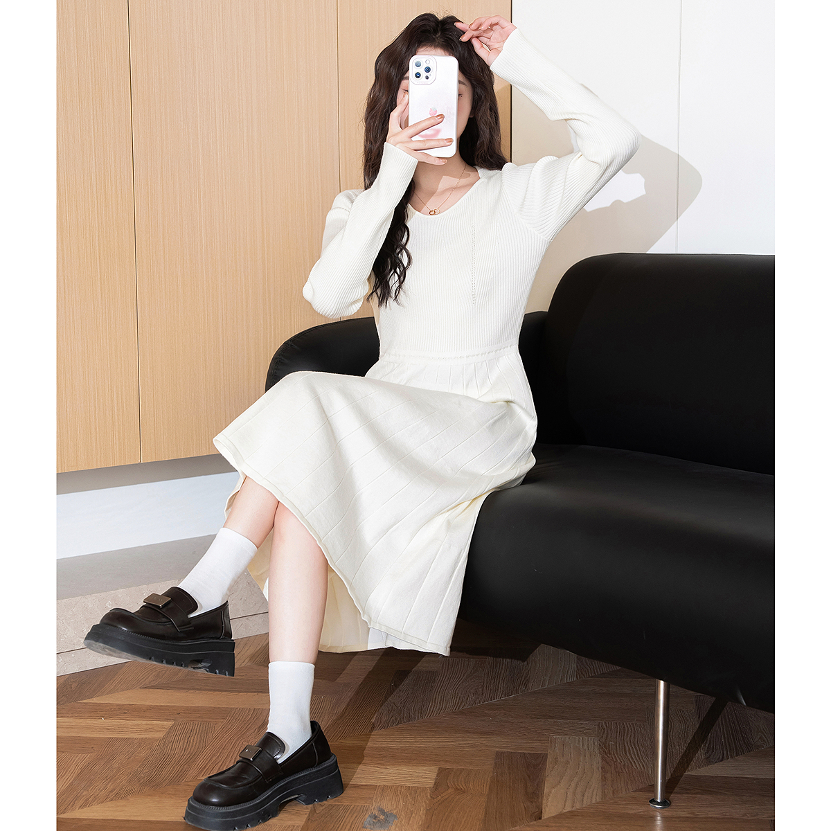 ロングワンピース ニット リブ編み 上品プリーツ ワンピース