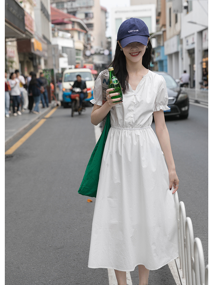 ロングワンピース シャツ パフスリーブ前開きウエストマークロングワンピース