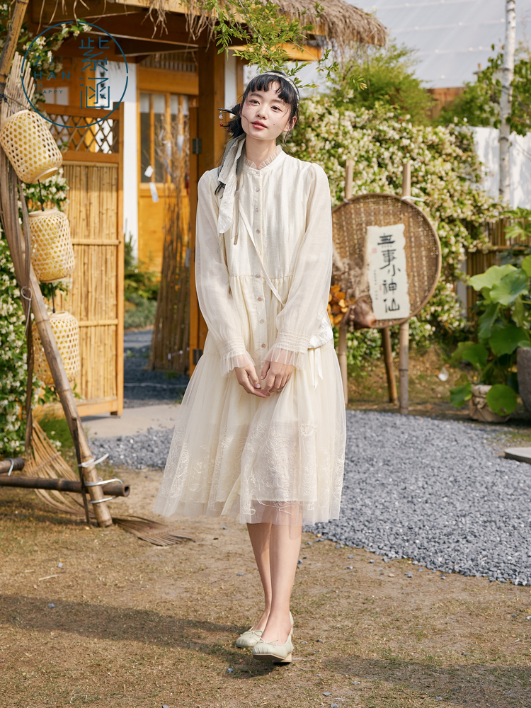 ロングワンピース シャツ フリル襟リボン付きティアード長袖シャツワンピース