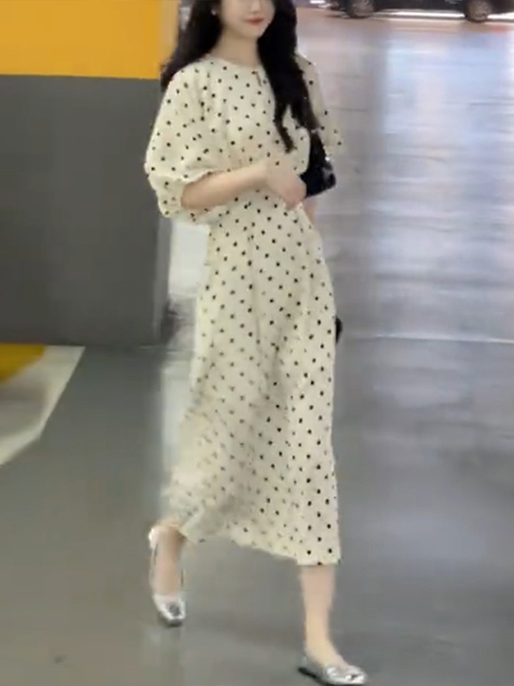 ロングワンピース 水玉模様パフスリーブロングワンピース