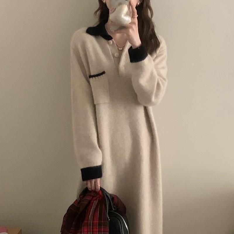 ロングワンピース お上品モールカラーあったかニットワンピース