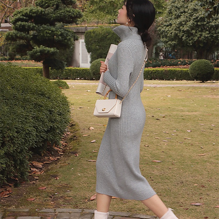 ロングワンピース タートルネック リブ編みタートルネックロングニットワンピース