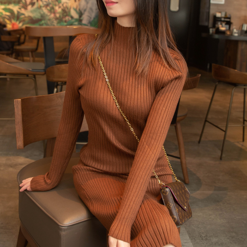 ロングワンピース タートルネック リブ編みタートルネックロングワンピース