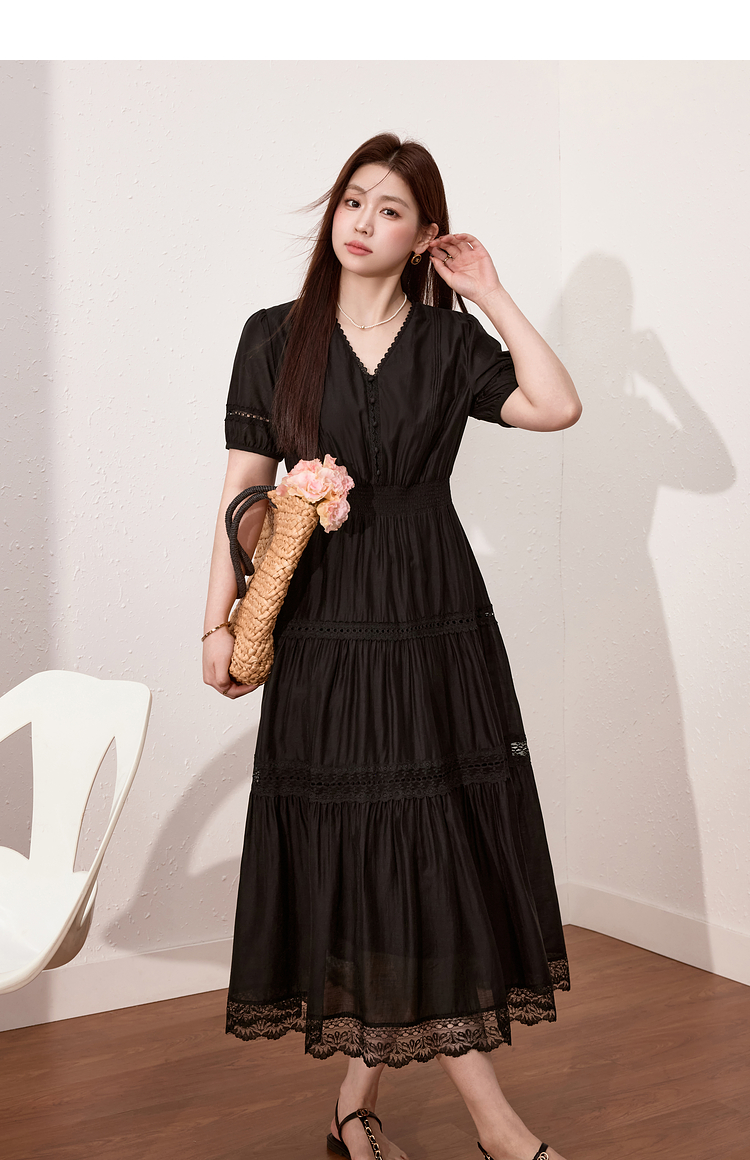ロングワンピース レース 優美レース切替ティアードワンピース