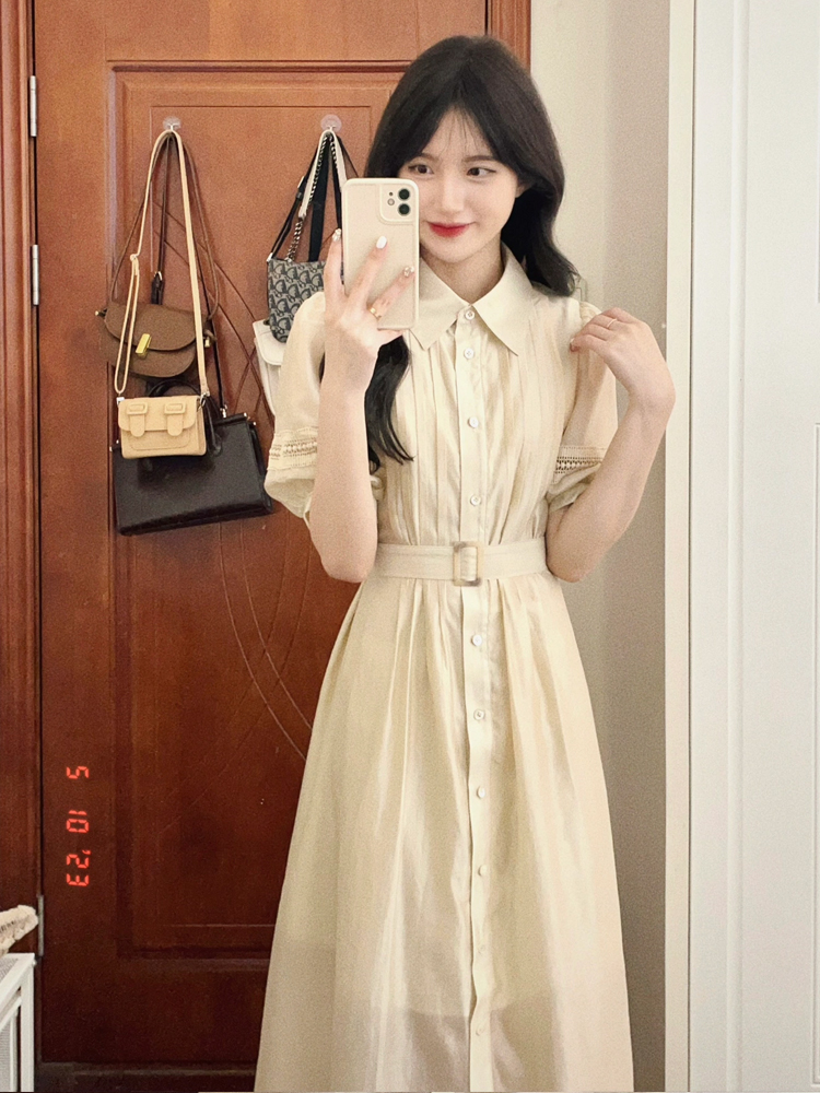ロングワンピース シャツ ピンタック襟付き半袖ベルト付きシャツワンピース