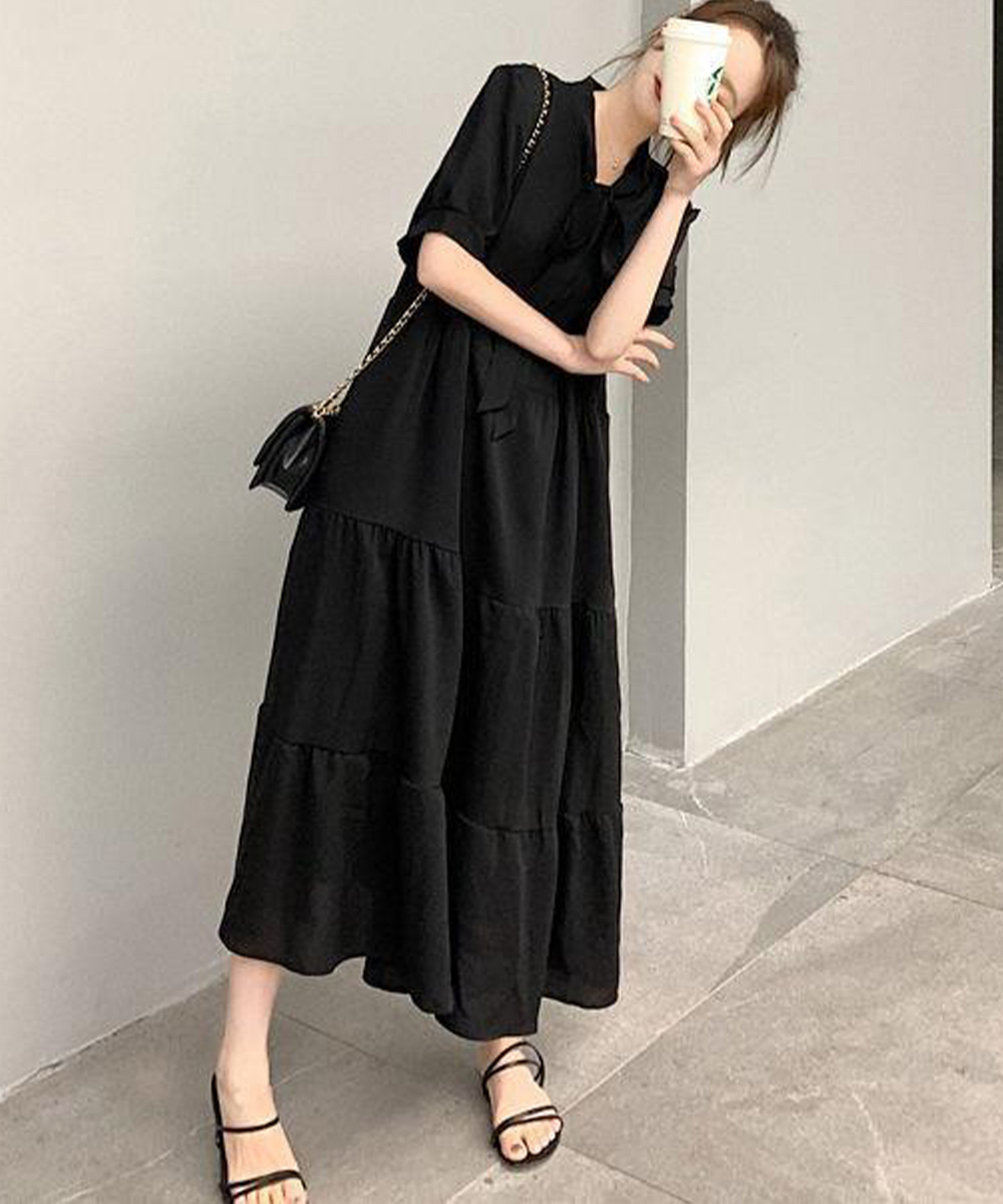 レース付きリボンタイ ティアードロングワンピース ミモレ丈