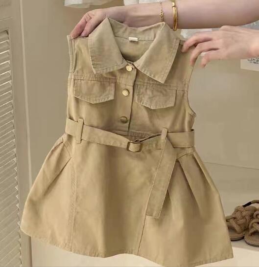 ２０２４年新作キッズ用ベージュ袖なしロングワンピース