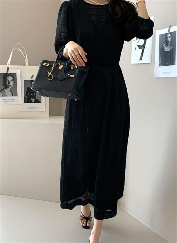 ロングワンピース 丸首七分袖マキシワンピース リボン調節スリット入り